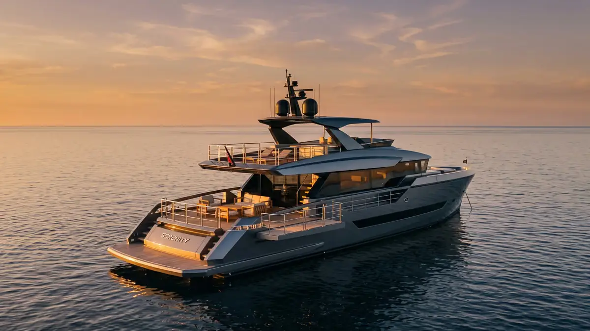 Modern motor yacht at anchor, golden hour